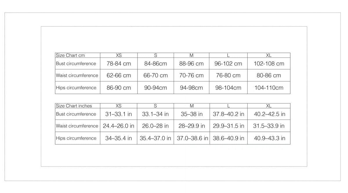 Size chart in centimeters and inches. Measurements with bust, waist, and hips 